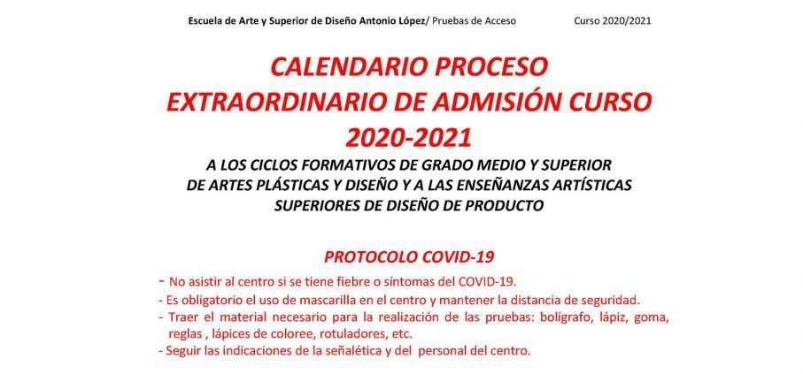 PROCESO EXTRAORDINARIO DE ADMISI&Oacute;N CURSO 2020-2021